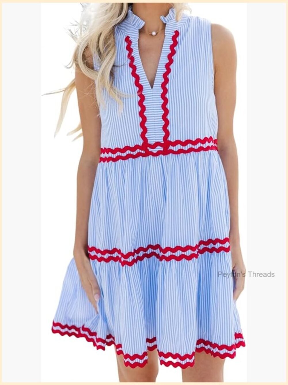 Sleeveless RIC Rac Trim Tiered Striped Dress with Pockets